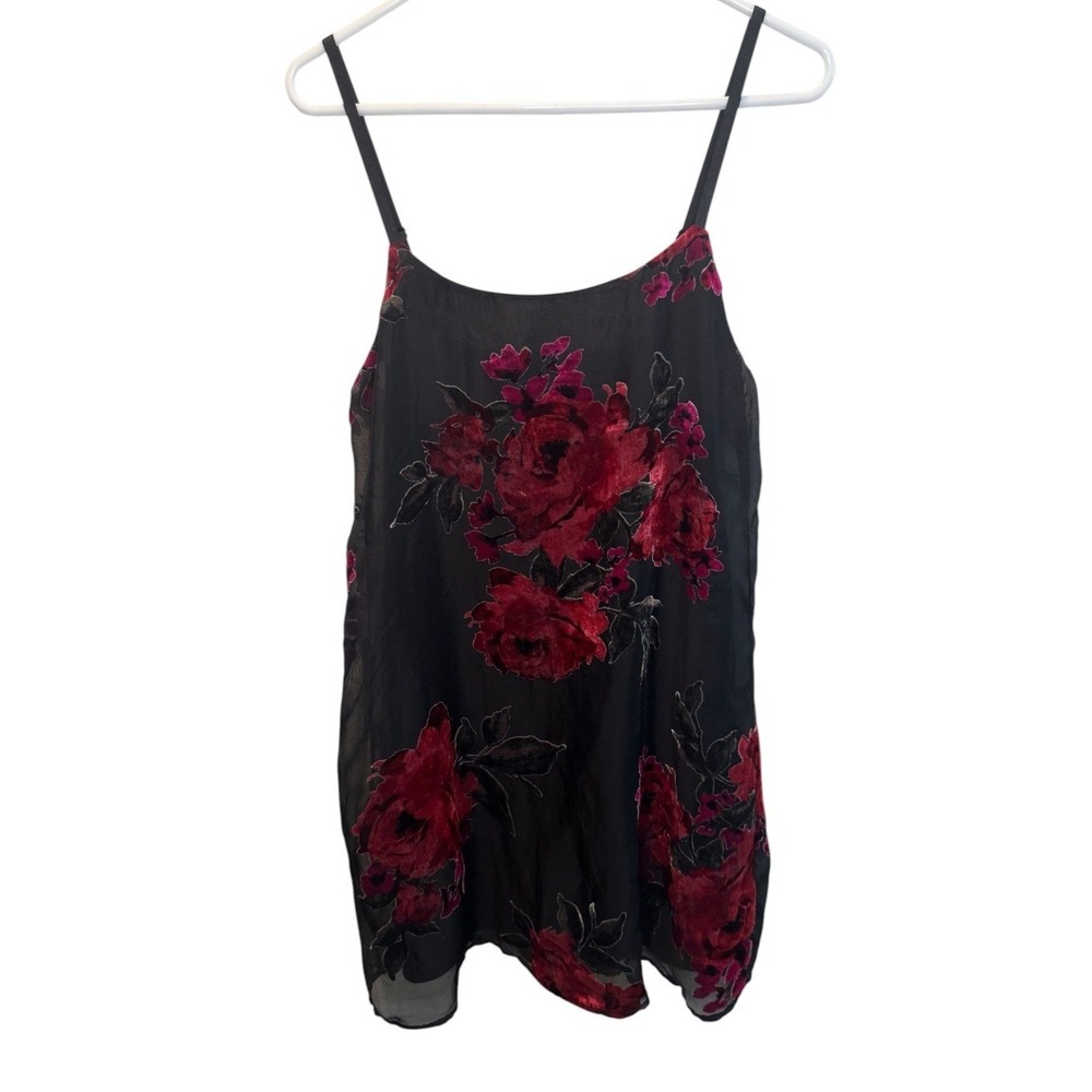 As U Wish Womens Black Red Floral Velvet Burnout Sheer Slip Dress M NEW